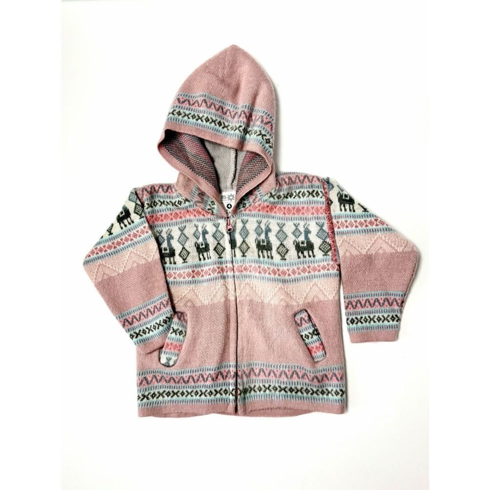Inti Tejidos Wool Zip Front Hoodie Sweater Jacket Llama Fair Isle Ecuador Kids 4